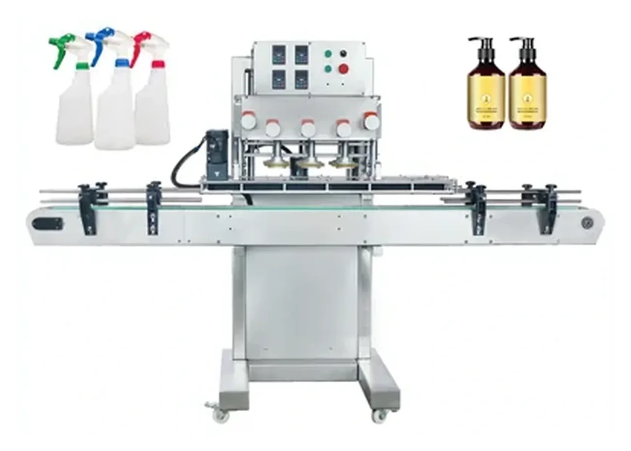 Inline screw capping machine with cap feed route